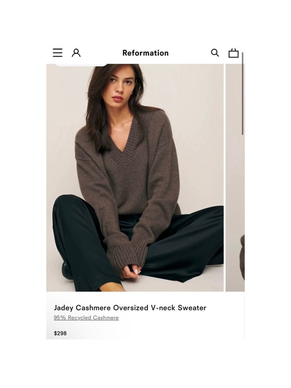 New Reformation Jadey Cashmere Oversized Vneck Sweater Brown XL! $298 on Revolve - Picture 3 of 6